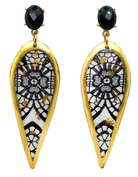 Sterling Silver Earrings-22K Gold Leaf Black Onyx Black Lace Drop Earrings by Evocateur