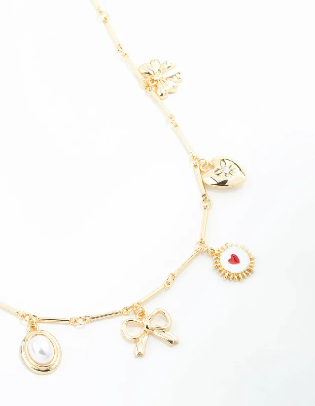 Long Gemstone Necklace-Gold Plated Heart & Bow Charm Necklace