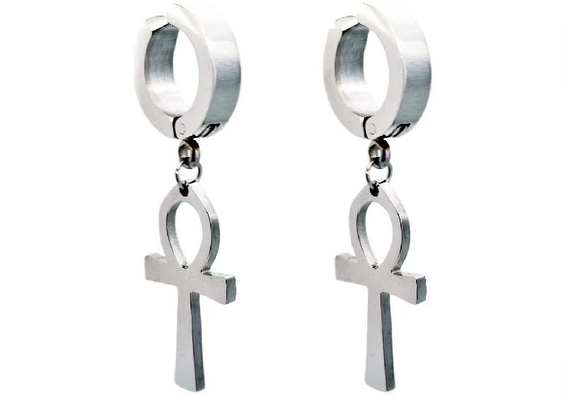 Custom Gemstone Earrings-Mens Stainless Steel Clip On Ankh Cross Earrings