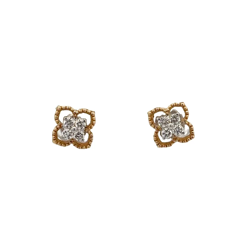 Silver Earrings for Bridesmaids-Quatrefoil Diamond Stud Earrings in Yellow Gold