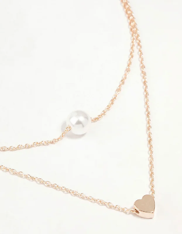 Layered Silver Pendant Necklace-Rose Gold Pearl Heart Layered Necklace