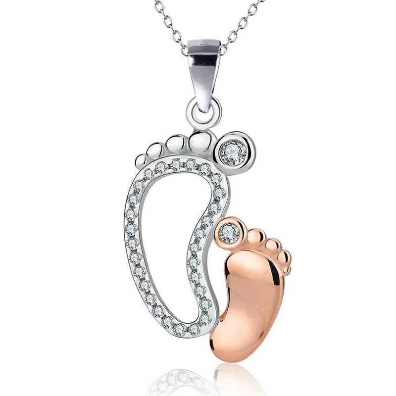 Personalized Silver Necklace-Baby Feet Necklace with Cubic Zirconia