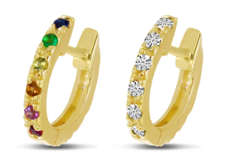 Colorful Crystal Earrings-14K Yellow Gold 0.24ctw Rainbow Sapphire & Diamond Reversible Huggie Hoop Earrings