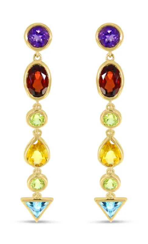 Vintage Boho Earrings-14K Yellow Gold Multi Gemstone Drop Earrings by Brevani