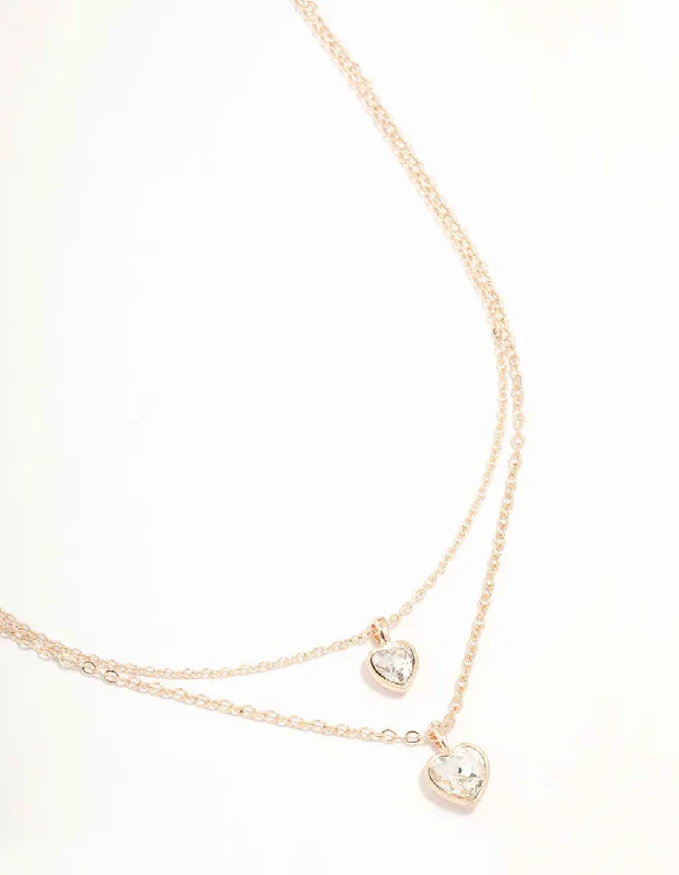 Gold Heart Pendant Necklace-Rose Gold Diamante Heart Layered Necklace