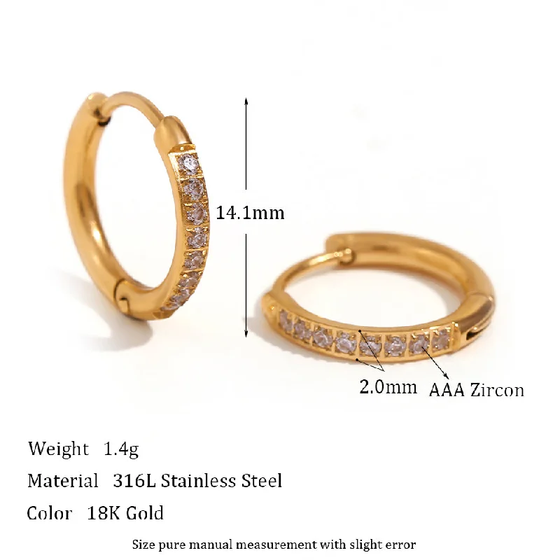 Rounded Edge Zircon Earrings-Gold-14mm