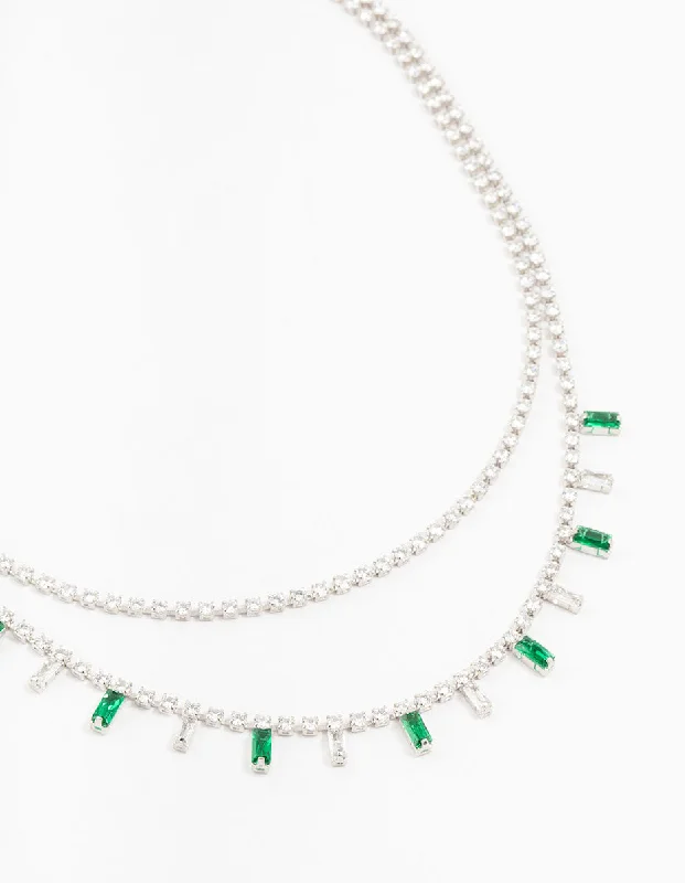 Chic Silver Necklace-Silver Baguette Green & Silver Cubic Zirconia Stones Layered Necklace