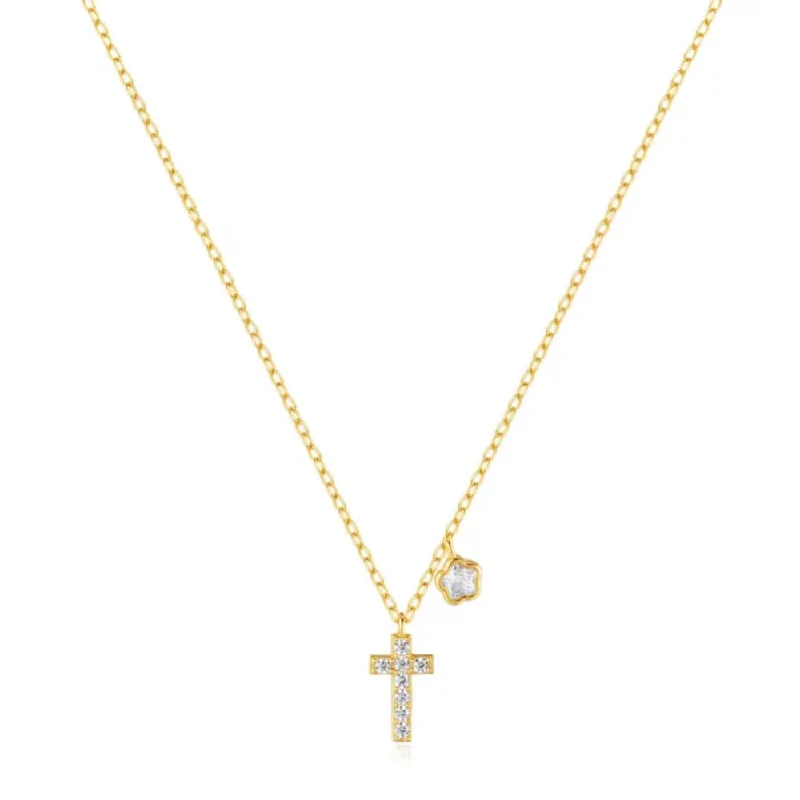 Geometric Gold Necklace-Gold-Plated Sterling Silver Cross Necklace with Sparkling CZ and Floral Charm