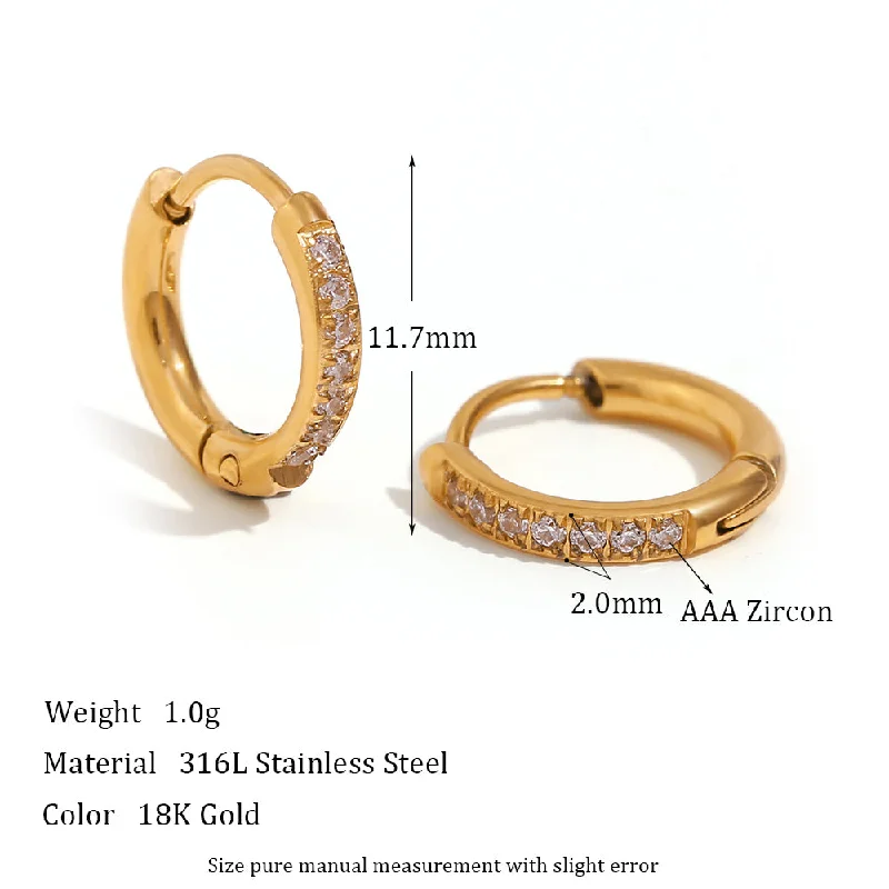 Rounded Edge Zircon Earrings-Gold-12mm