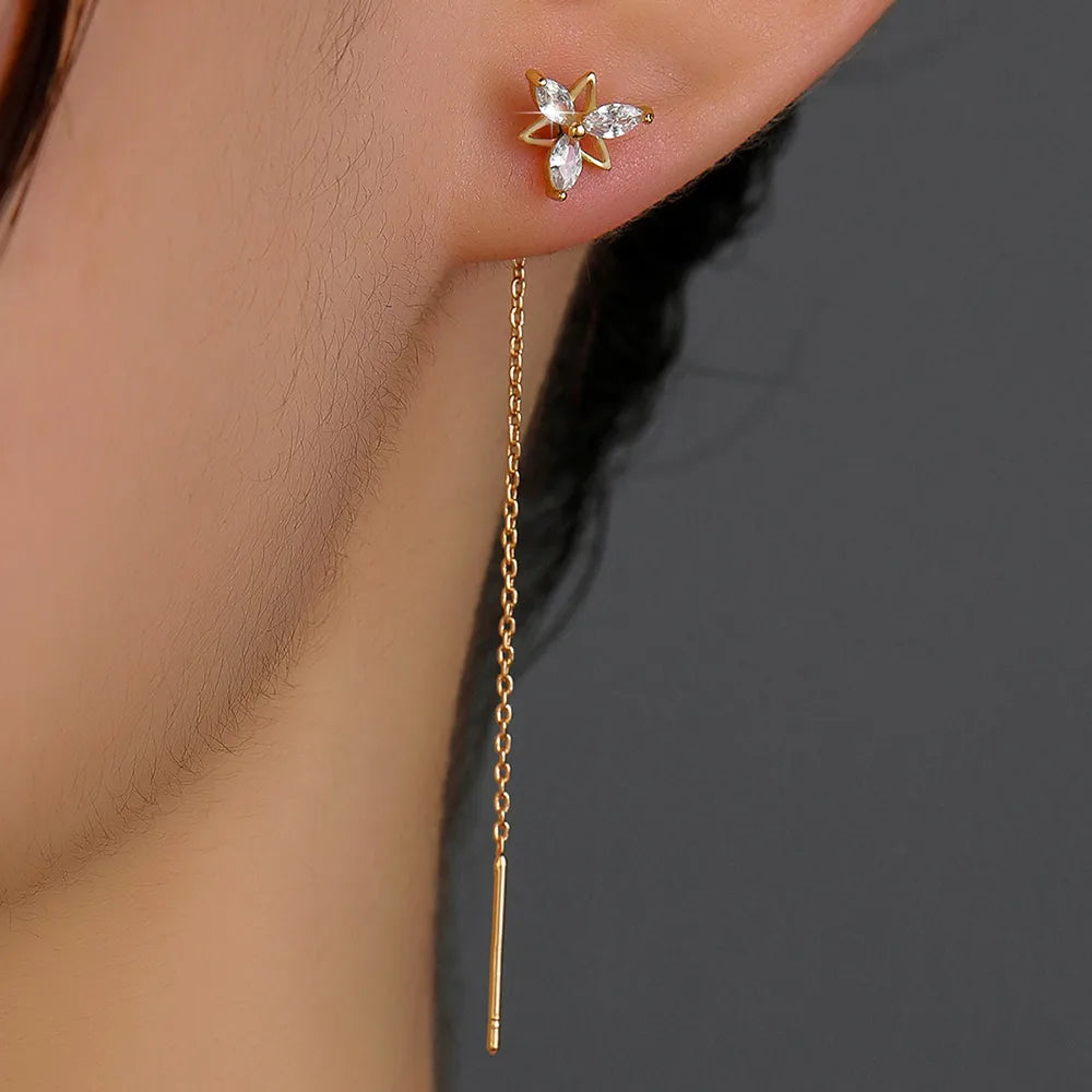 New Fashion Flower Shape Copper Inlaid Zircon Tassel Pierced Earrings