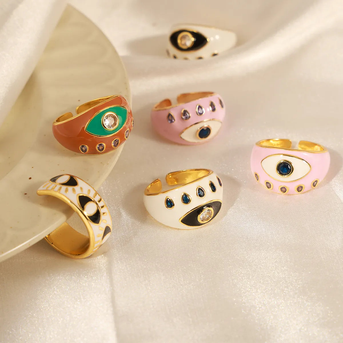 Simple Silver Ring-Vacation Simple Style Eye Copper Enamel Plating Inlay Zircon 18k Gold Plated Open Rings