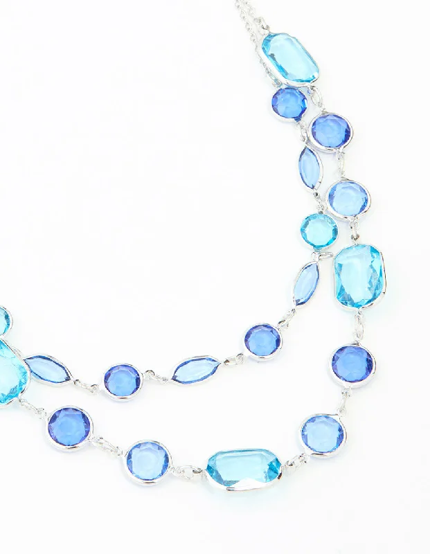 Dainty Diamond Necklace-Blue Rectangle Diamante Stone Silver Layered Necklace