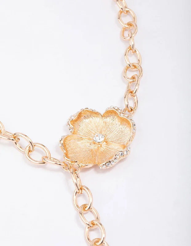 Trendy Pendant Necklace-Gold Flower Diamante Cup Chain Necklace