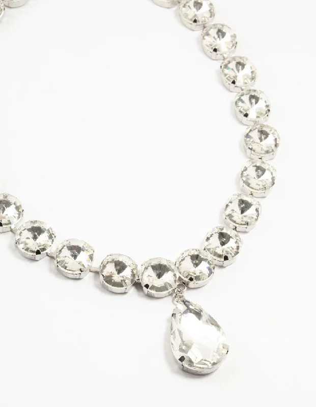 Elegant Choker Necklace for Weddings-Silver Diamante Statement Pendant Necklace