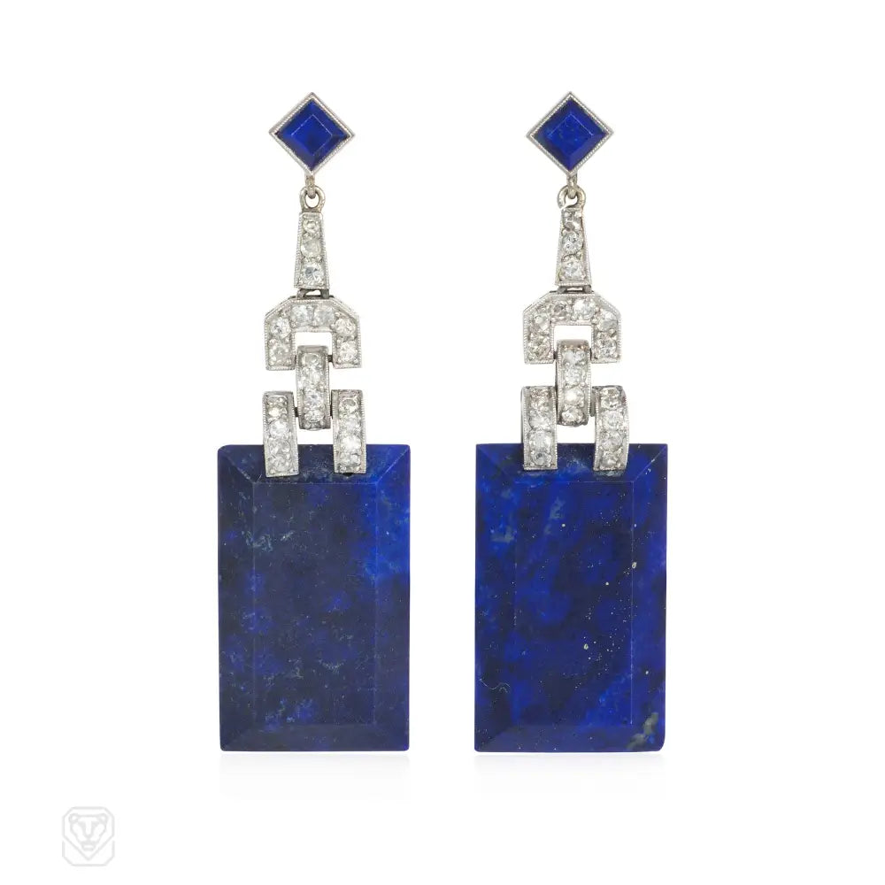 Layered Earrings for Women-Art Deco lapis and diamond pendant earrings