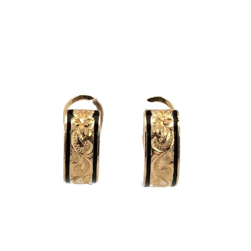 Chunky Silver Earrings-Vintage Black Enamel Engraved Huggie Earrings in Yellow Gold