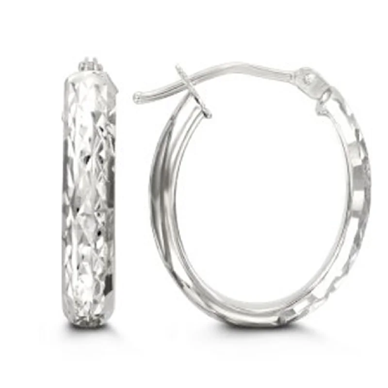 Chic Stud Earrings-10K White Gold Diamond Cut Oval Hoop Earrings