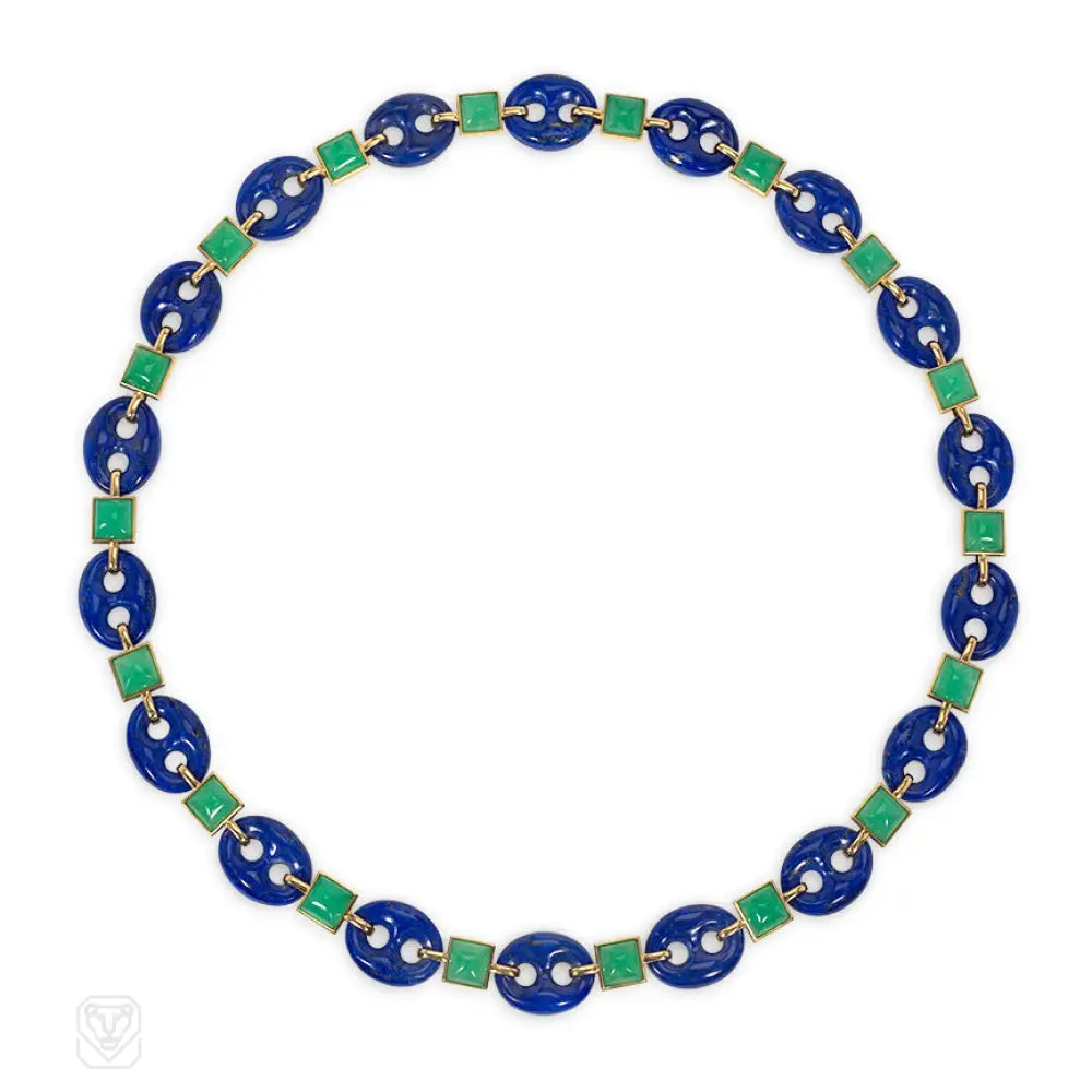 Gold Bead Chain Necklace-Estate lapis chaine d'ancre and chrysoprase adjustable necklace