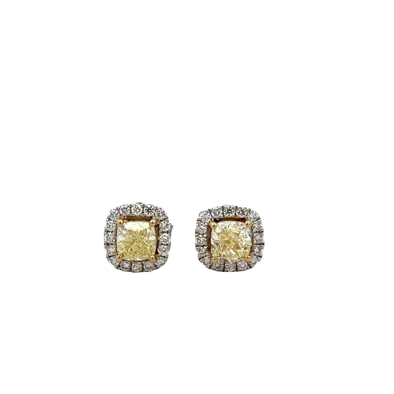 Shiny Stud Earrings-Fancy Light Yellow Cushion Cut Diamond Stud Earrings in White Gold