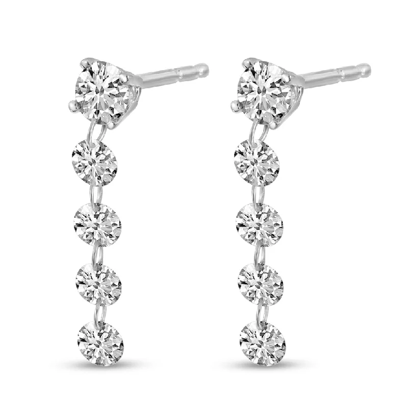 Chic Hoops for Women-14K White Gold 0.94ctw Round Diamond Line Drop Earrings