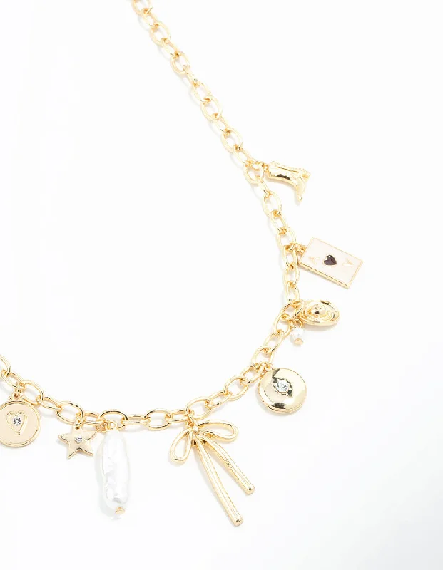 Dainty Crystal Necklace-Gold Plated Bow & Star Charm Necklace