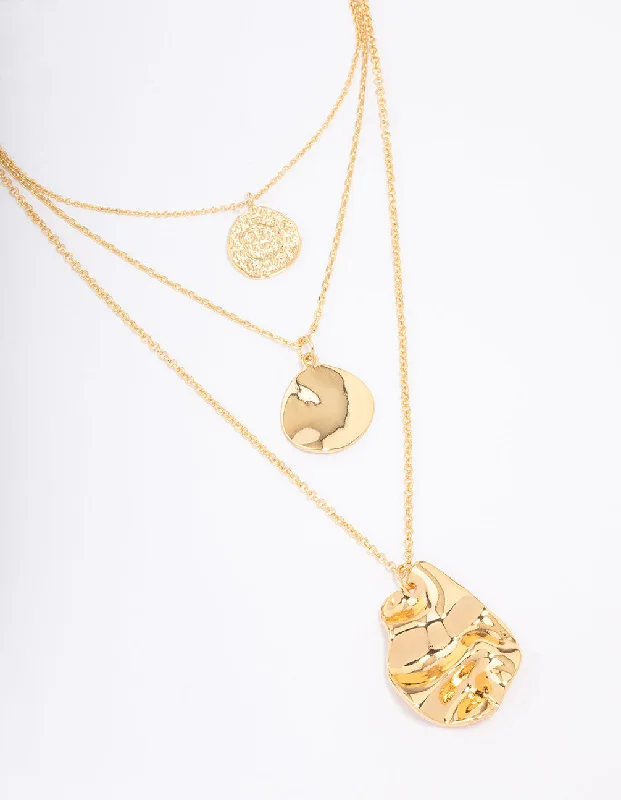 Gold Infinity Necklace-Gold Plated Trio Layered Molten Disc Necklace