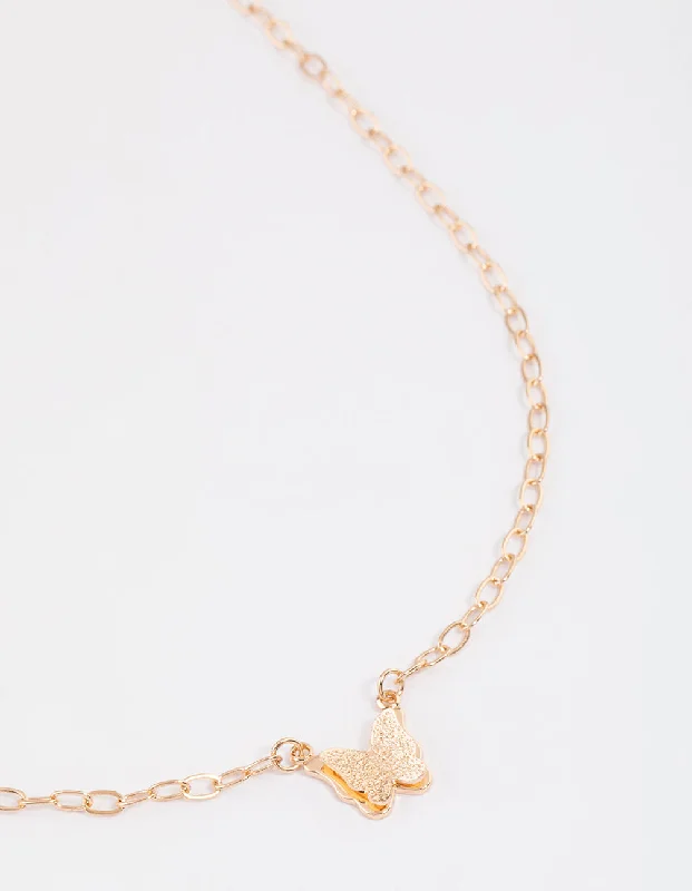 Statement Heart Necklace-Gold Textured Butterfly Necklace