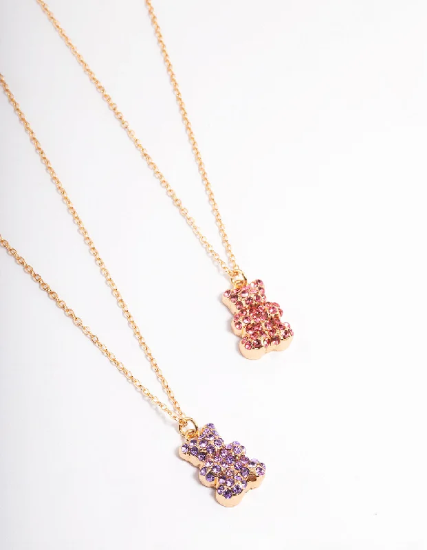 Diamond Necklace for Women-Gold Diamante Gummy Bear Necklace Pack