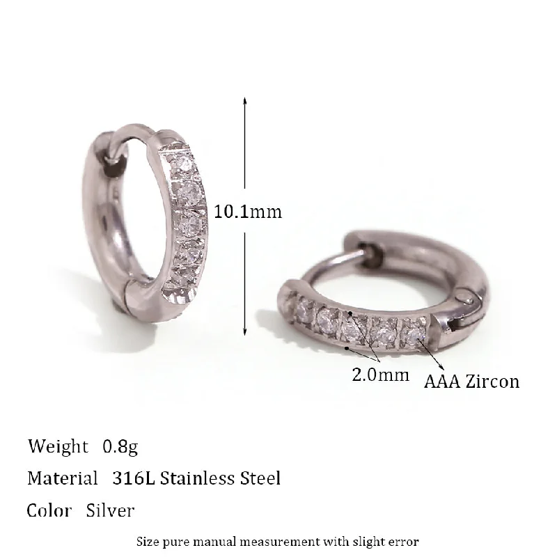 Rounded Edge Zircon Earrings-Steel Color 10mm