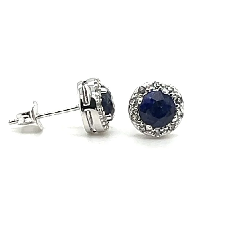 Classic Diamond Earrings-Sterling Silver Dyed Blue Sapphire & White Topaz Halo Stud Earrings by Samuel B.