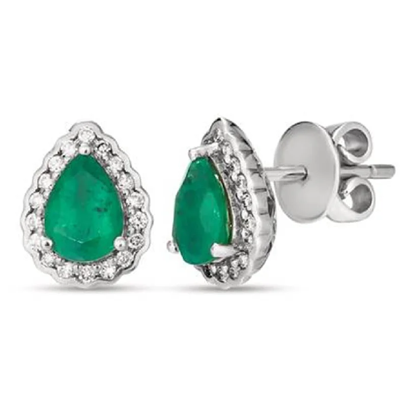 White Gold Earrings-14K White Gold 1.21ctw Pear Emerald & Diamond Halo Stud Earrings by Le Vian