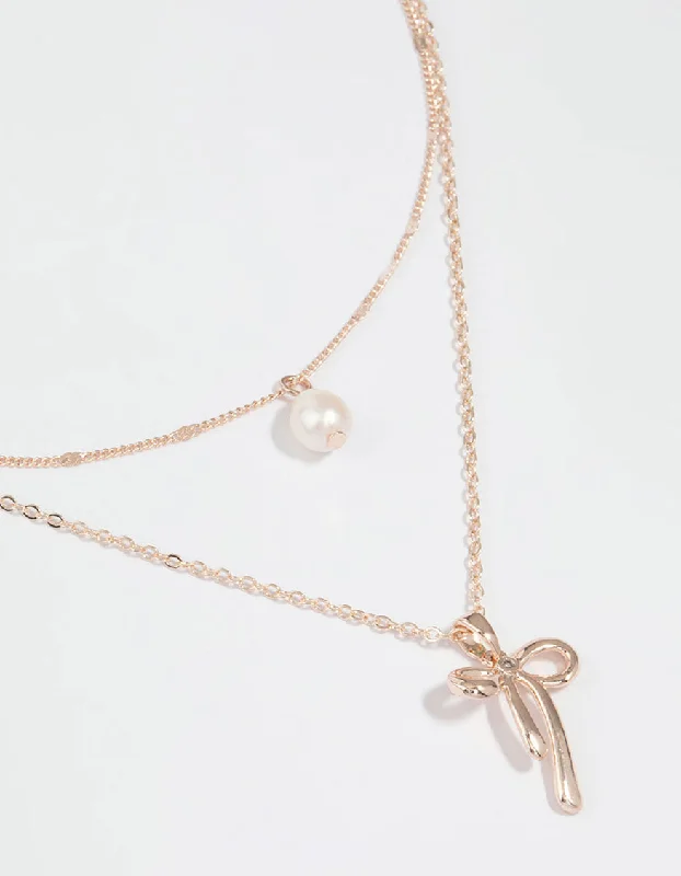 Trendy Pendant Necklace-Rose Gold Plated Freshwater Pearl & Bow Layered Necklace