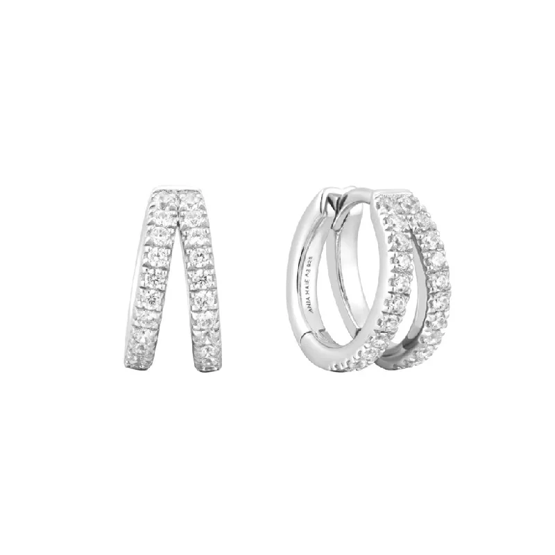 Minimalist Hoop Earrings-Sterling Silver Cubic Zirconia Double Huggie Hoop Earrings by Ania Haie