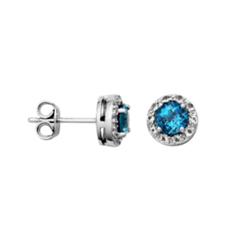 Silver Hoop Earrings for Women-Sterling Silver London Blue Topaz & White Topaz Halo Stud Earrings by Samuel B.