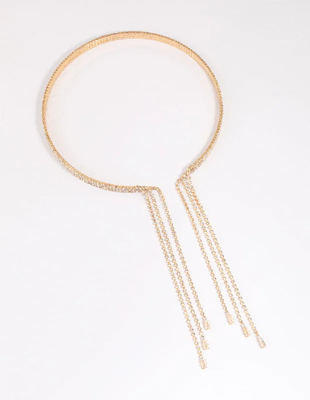 Elegant Bar Necklace-Gold Diamante Tassel Choker