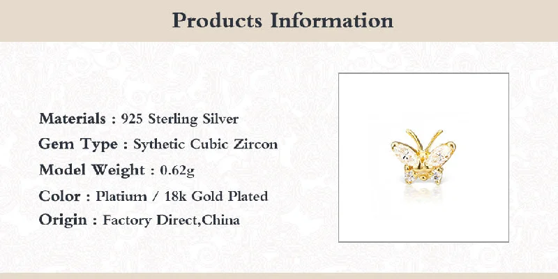 Gold Wedding Band for Women-1 Piece Simple Style Butterfly Inlay Sterling Silver Zircon Ear Studs