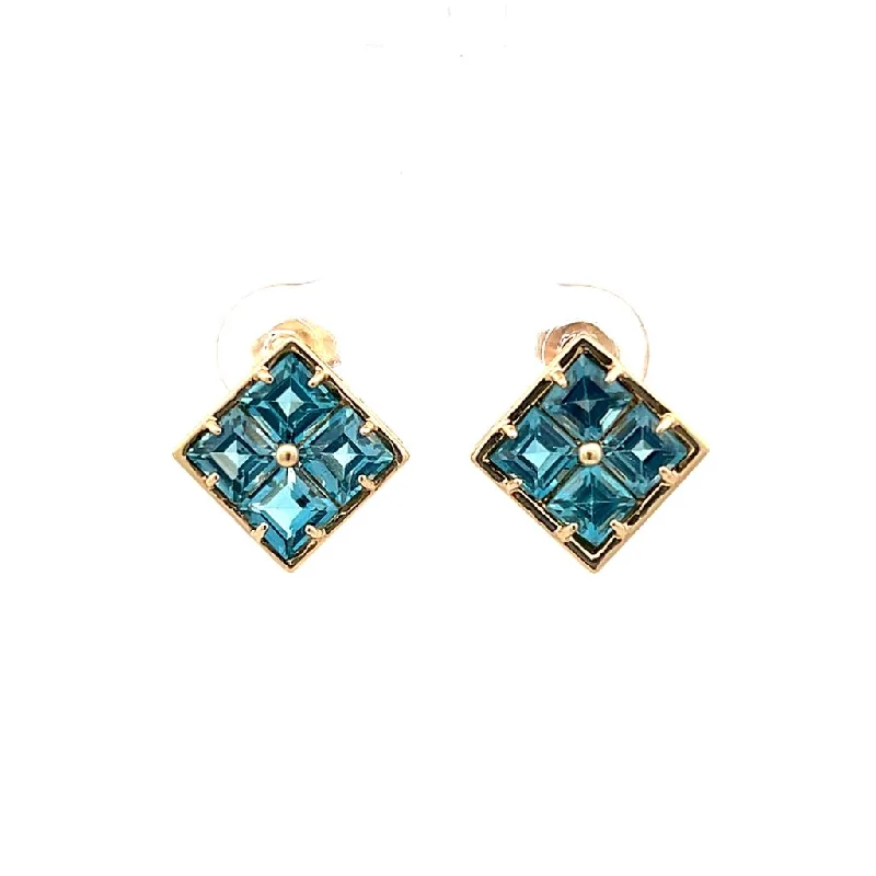 Red Gemstone Earrings-Estate 14K Yellow Gold 3.57ctw Princess Blue Topaz Stud Earrings