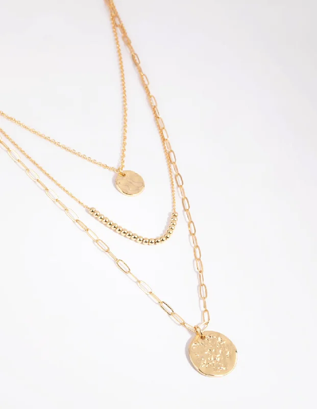 Layered Pearl Necklace-Gold Plated Disc & Ball Necklace Layered Necklace