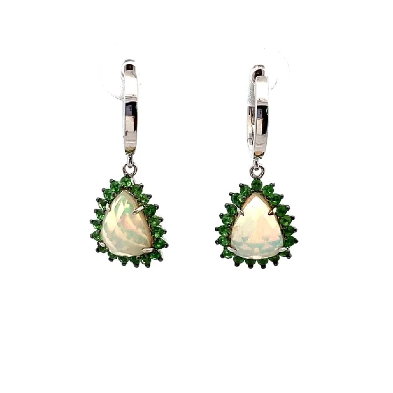 Cute Dangle Earrings-14K White Gold 1.90ctw Triangle Opal & Tsavorite Garnet Halo Drop Earrings by Bellarri