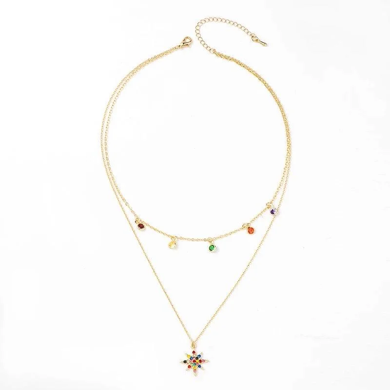 Chic Silver Necklace-Star Necklace Layered with Rainbow Cubic Zirconia Stones