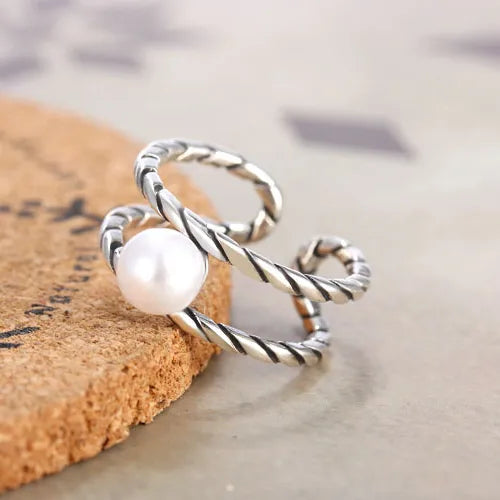 Handmade Silver Ring-Copper Retro Plating Inlay Round Artificial Pearls Open Rings