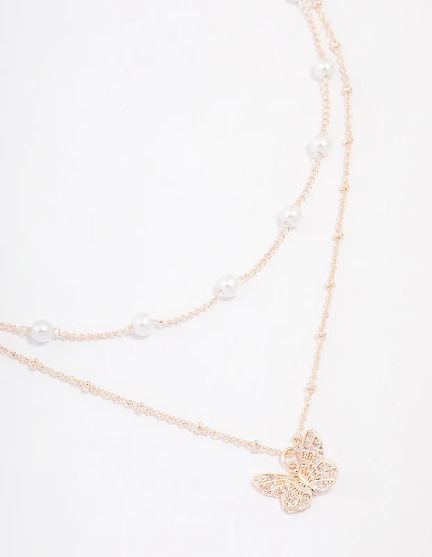 Long Layered Necklace-Rose Gold Plated Cubic Zirconia Butterfly & Pearl Double Necklace