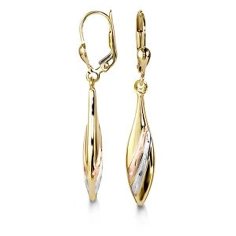 Long Dangle Earrings-10K Three Tone Gold Polished and Satin Finish Drop Earrings