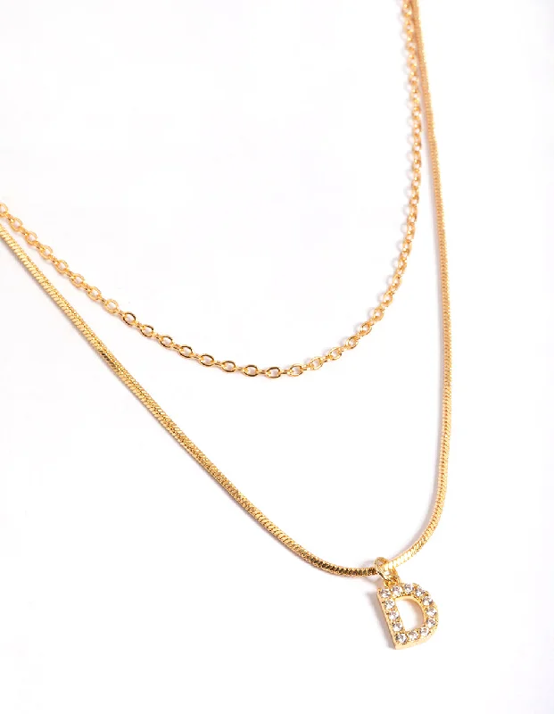 Simple Bar Necklace for Women-Letter D Gold Plated Layered Diamante Initial Necklace