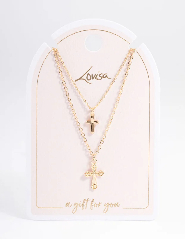 White Diamond Necklace-Gold Mixed Textured Cross Necklace