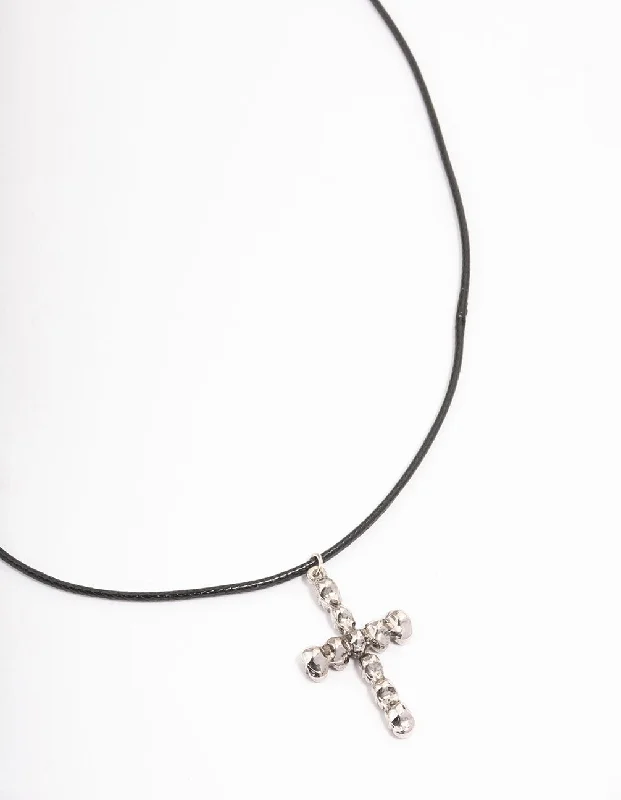 Bold Silver Necklace-Silver Cord Skull Cross Necklace