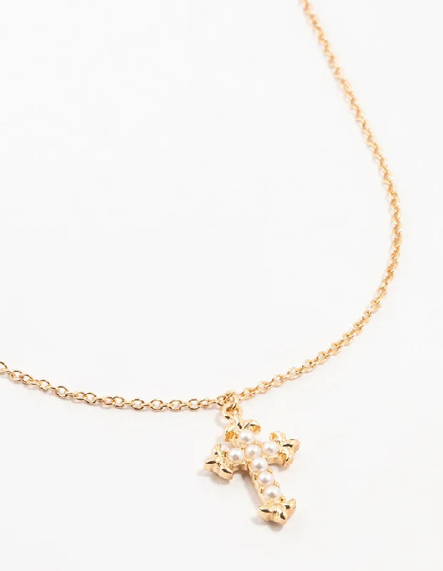 Cute Crystal Necklace-Gold Pearl Cross Necklace