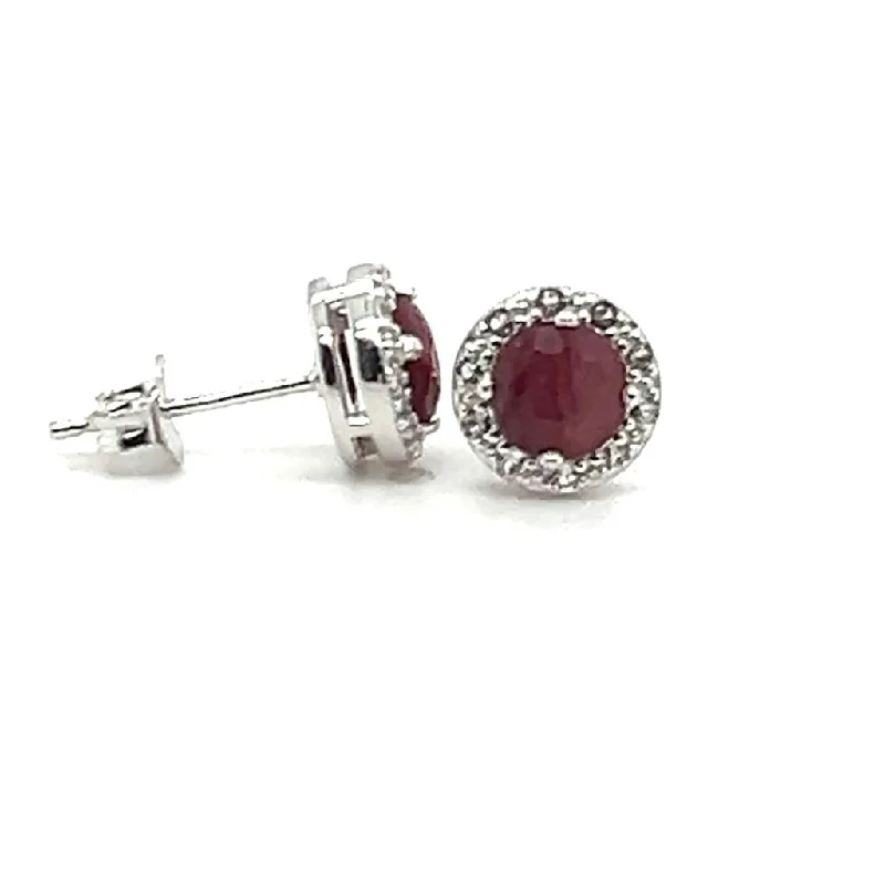 Emerald Earrings for Women-Sterling Silver Dyed Red Corundum & White Topaz Halo Stud Earrings by Samuel B.