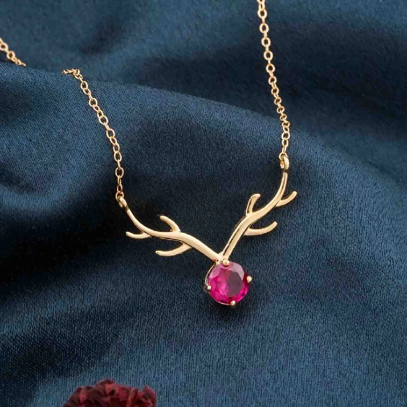 Silver Bar Necklace-Golden Deer Theme Round Pink Sapphire Necklace