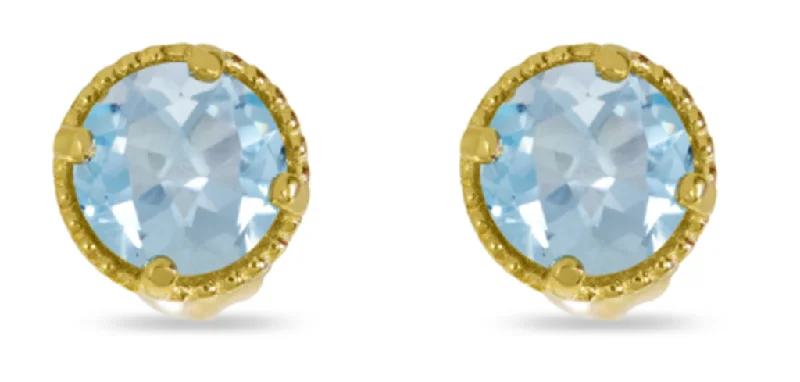 Art Deco Earrings-14K Yellow Gold 4mm Round Aquamarine Milgrain Stud Earrings